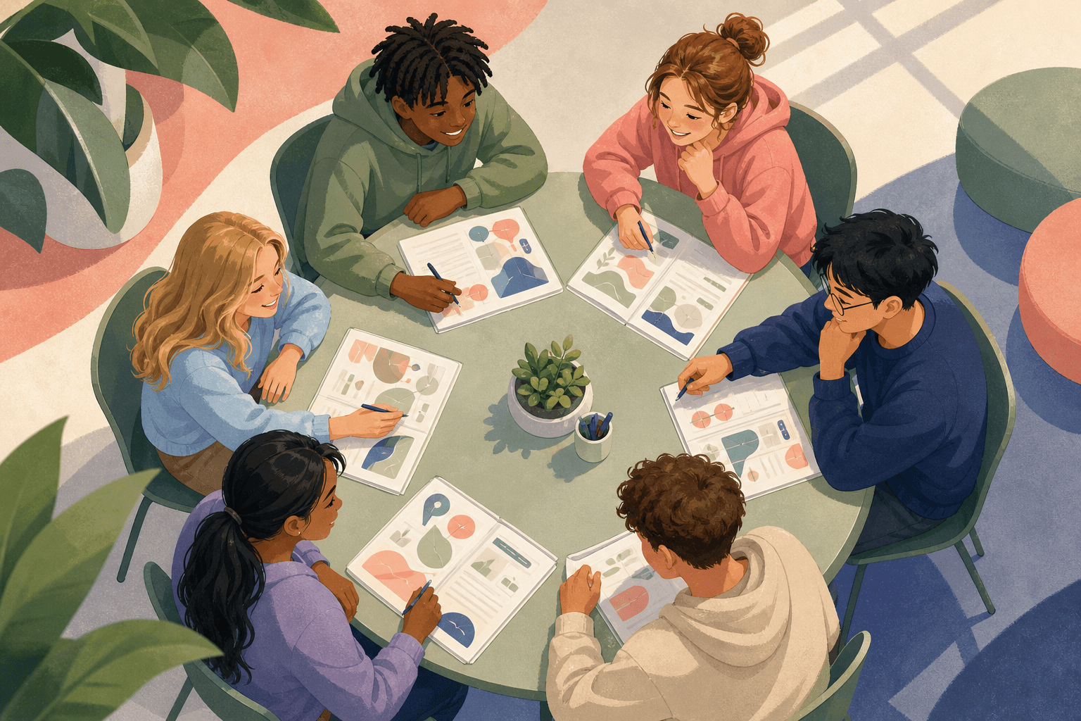 Illustration of young people collaborating on everyday health habits.