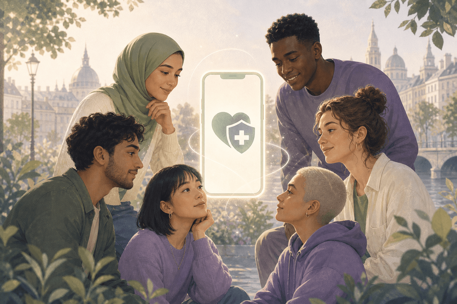 Artistic scene of diverse people using a calm multilingual health app together.