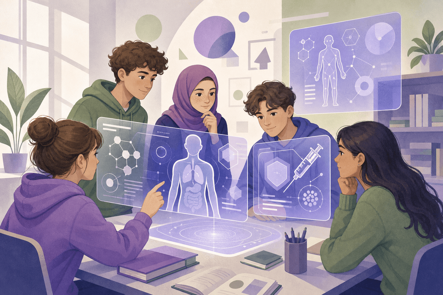 Illustration of students exploring health literacy as a school workshop.