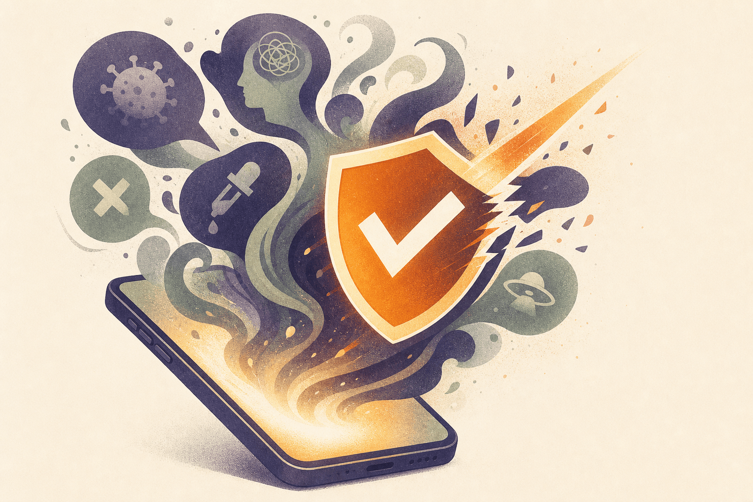 Illustration of checking a rumor on the phone against trusted health facts.