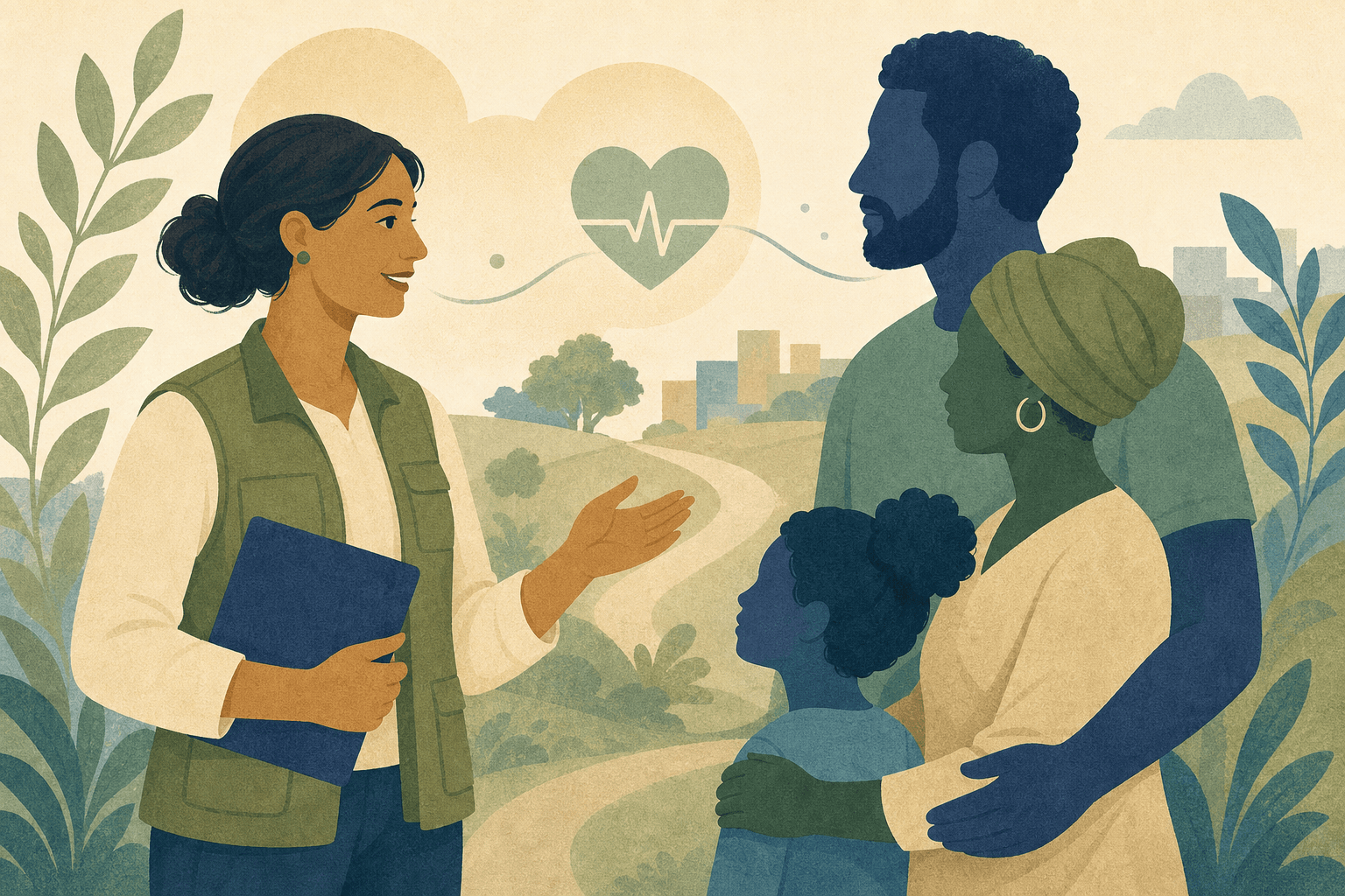 Illustration of a community mediator sharing health outreach with neighbours.