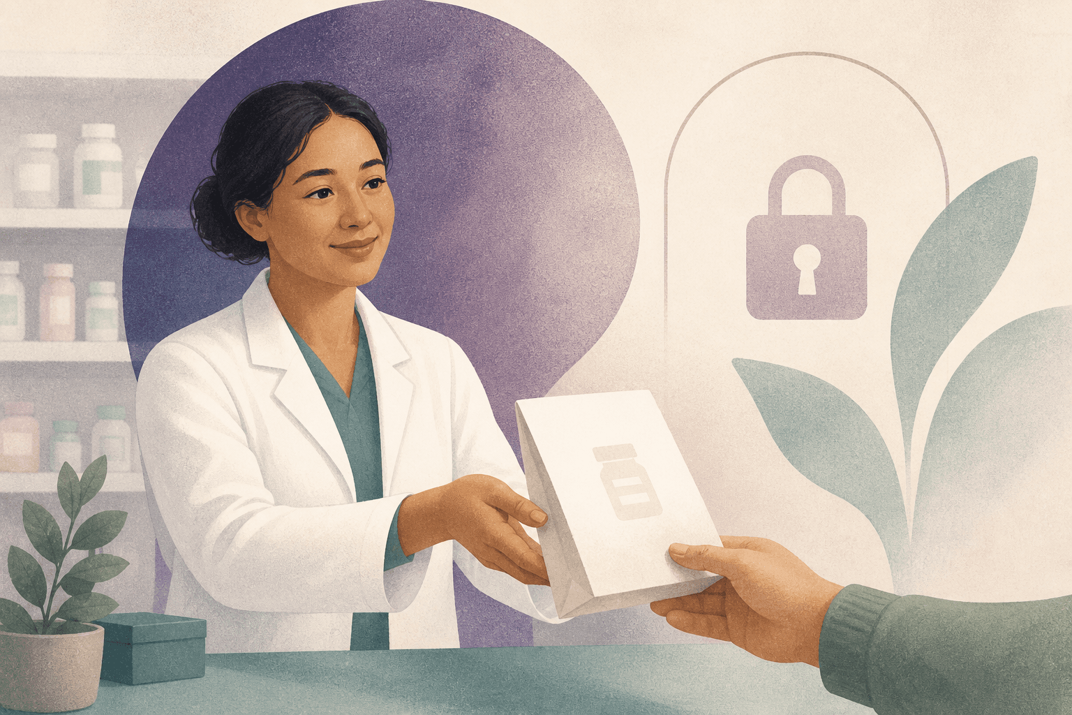 Illustration of caring hands guiding someone through prescriptions and dosing.